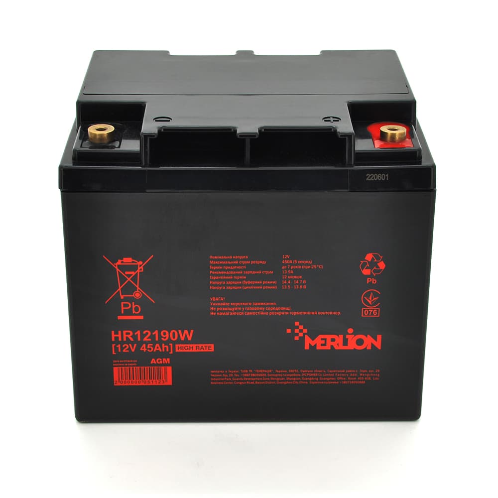 Акумулятор для ДБЖ MERLION HR12190W / 12 В / 45 А⋅год / AGM