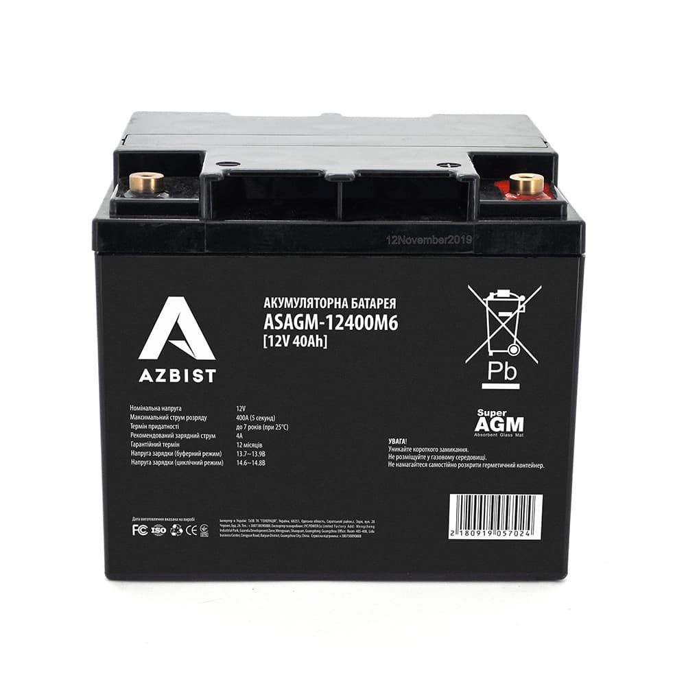 Акумулятор для ДБЖ AZBIST ASAGM-12400M6 / 12 В / 40 А⋅год / AGM