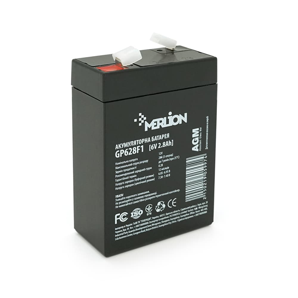 Акумулятор для ДБЖ MERLION GP628F1 / 6 В / 2.8 А⋅год / AGM