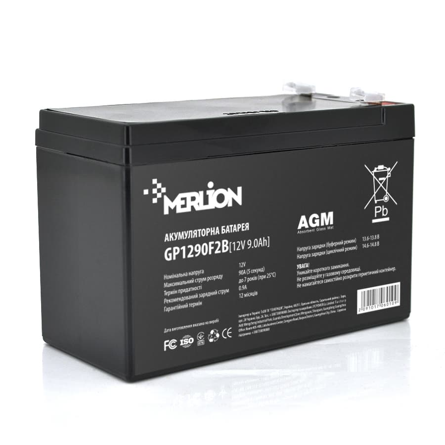 Акумулятор для ДБЖ MERLION GP1290F2B / 12 В / 9 А⋅год / AGM