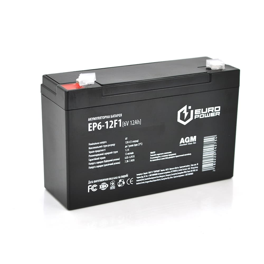 Акумулятор для ДБЖ EUROPOWER EP6-12F1 / 6 В / 12 А⋅год / AGM